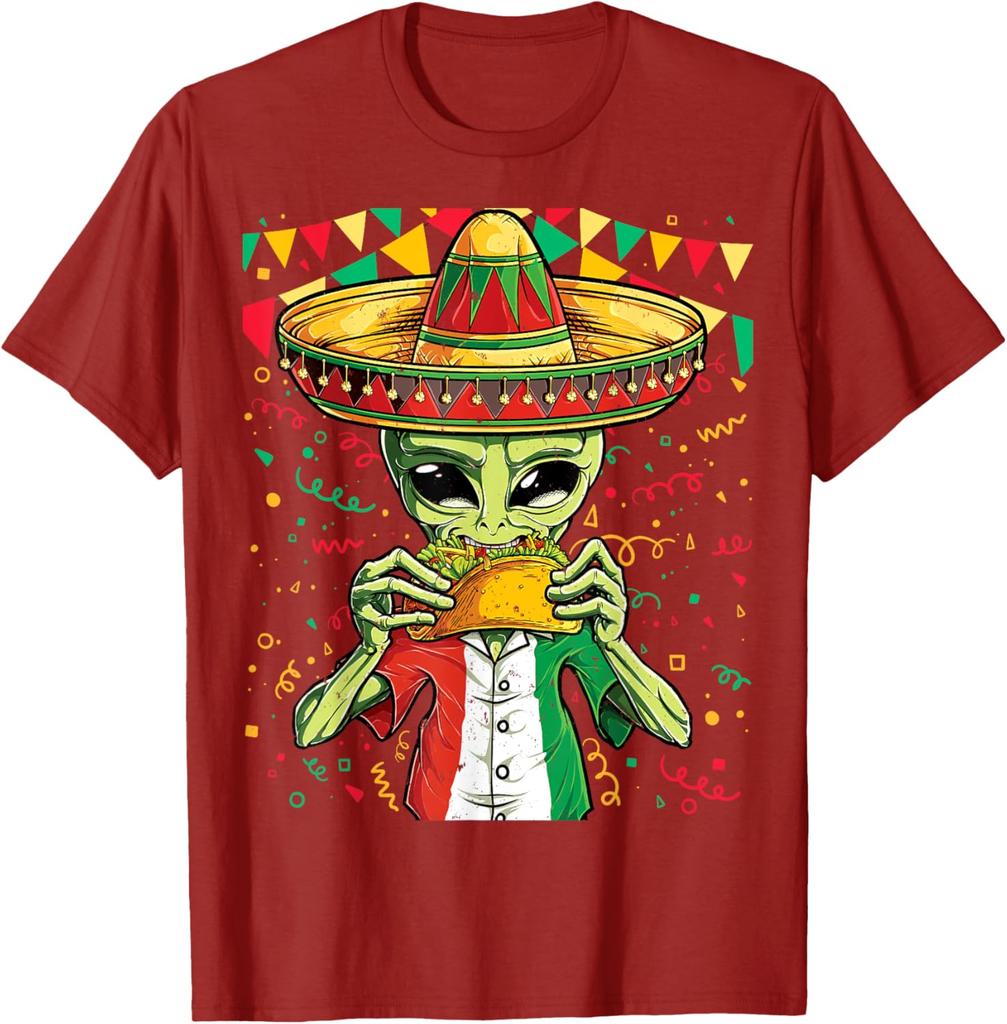 Alien Eating Taco Cinco De Mayo Unisex UFO Mexico Flag Sombrero T-Shirt