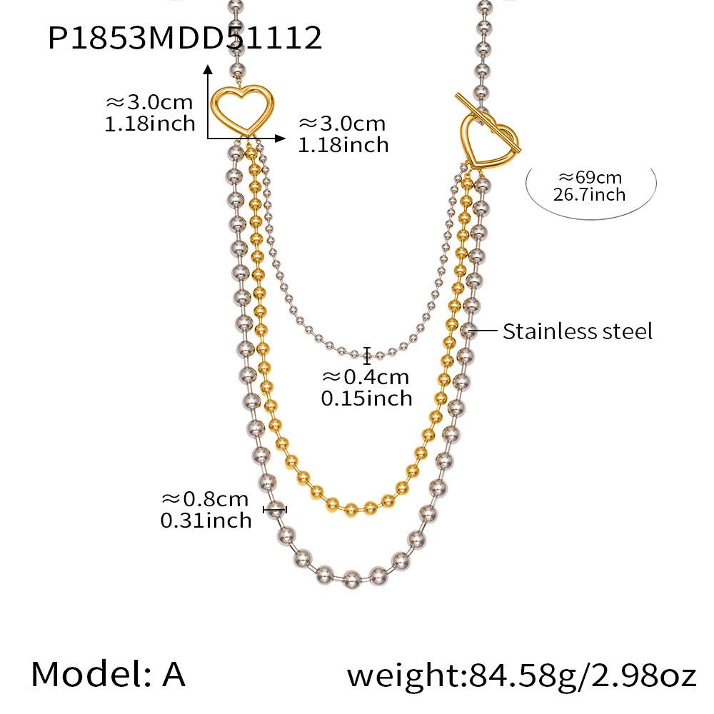 Two-tone Triple Layered Long Necklace In Stainless Steel 18k Gold Plated Beaded Sweater Chain Necklaces for Women