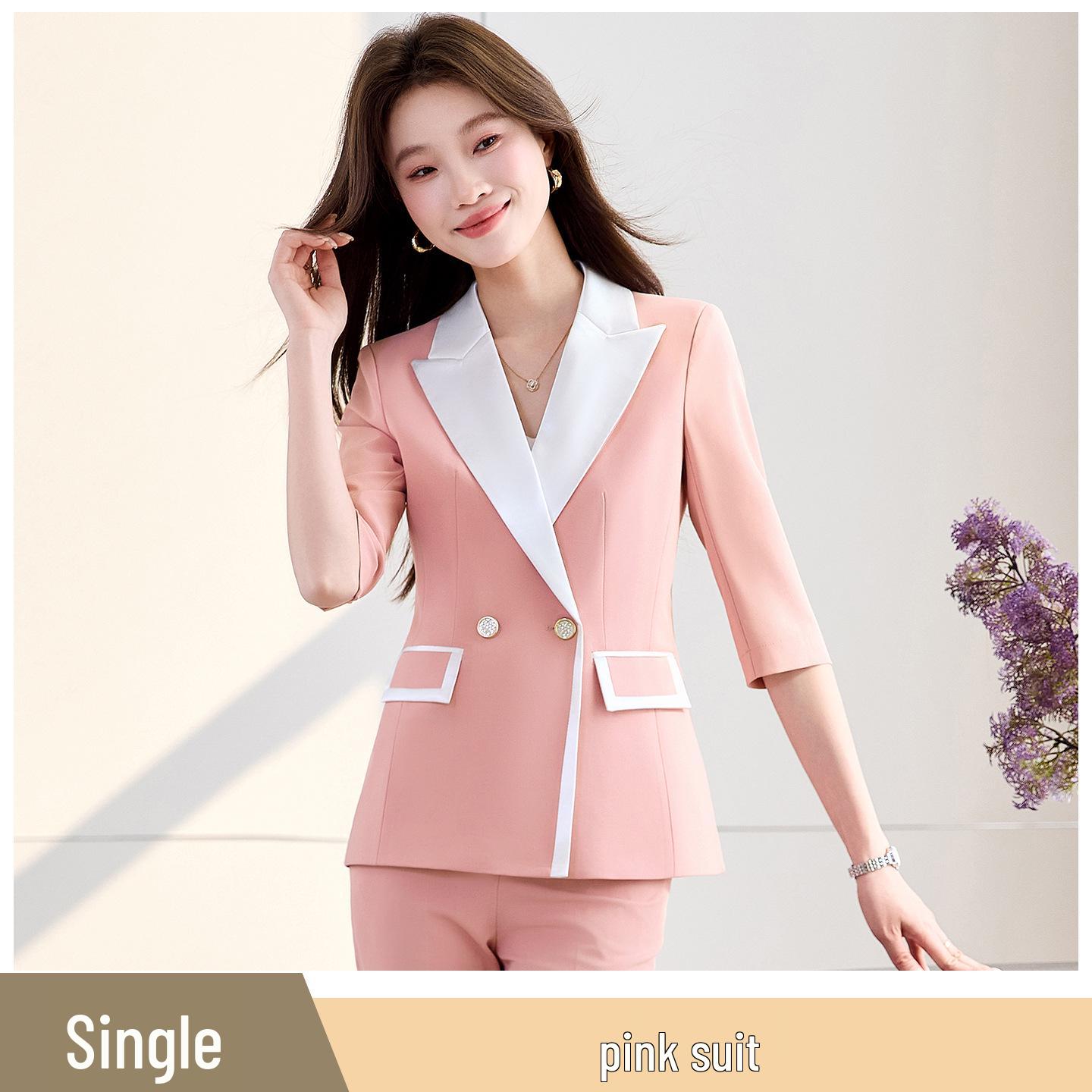

Elegant Color-Block Women s Suit: Spring/Autumn, Mid-Sleeved, Slimming Two-Piece for a Fashion-Forward, Youthful Look. 4XL