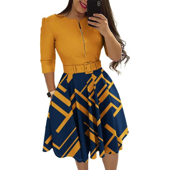 

Платье на молнии, с поясом, с узкой талией, в тон, с принтом, с круглым вырезом, с карманами, рукав три четверти, мини-платье трапециевидной формы со свободным подолом XL синий