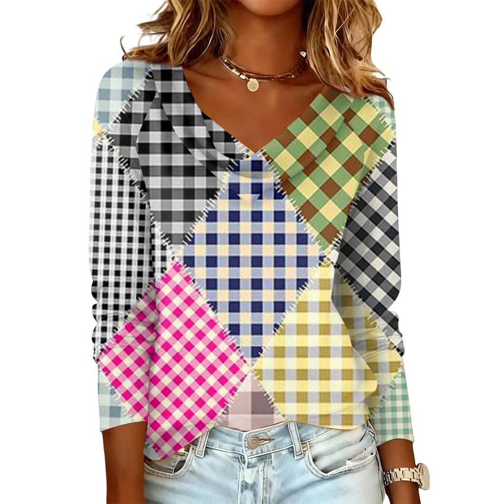 Ladies' Plaid Printed Casual and Fashionable Long Sleeved Pullover Top