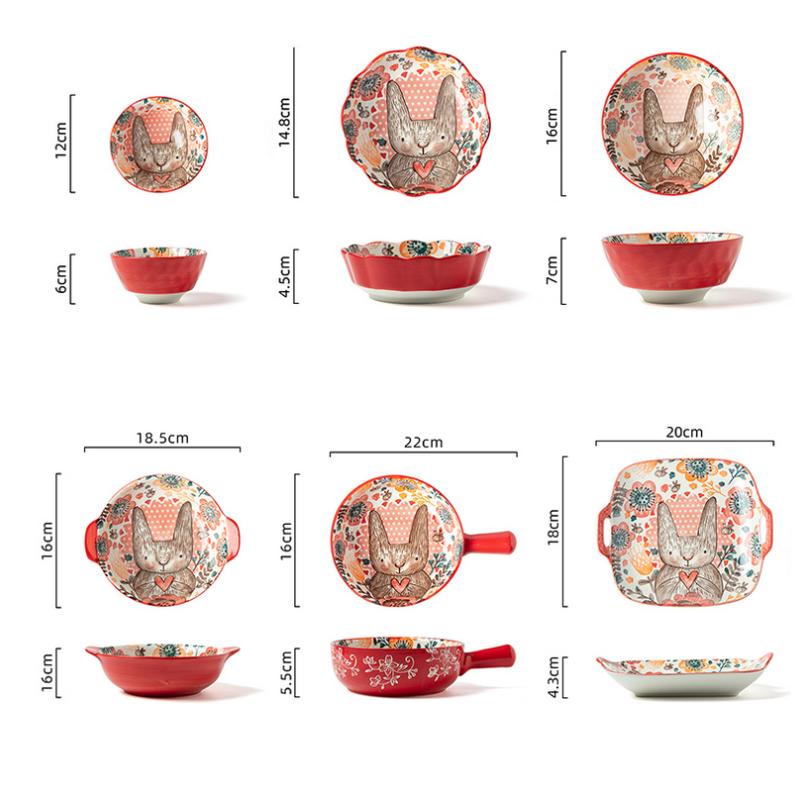 1pc Hand-painted Cute Rabbit and Plate Underglaze Ceramic Household Soup Commercial Noodle Bowl Tableware