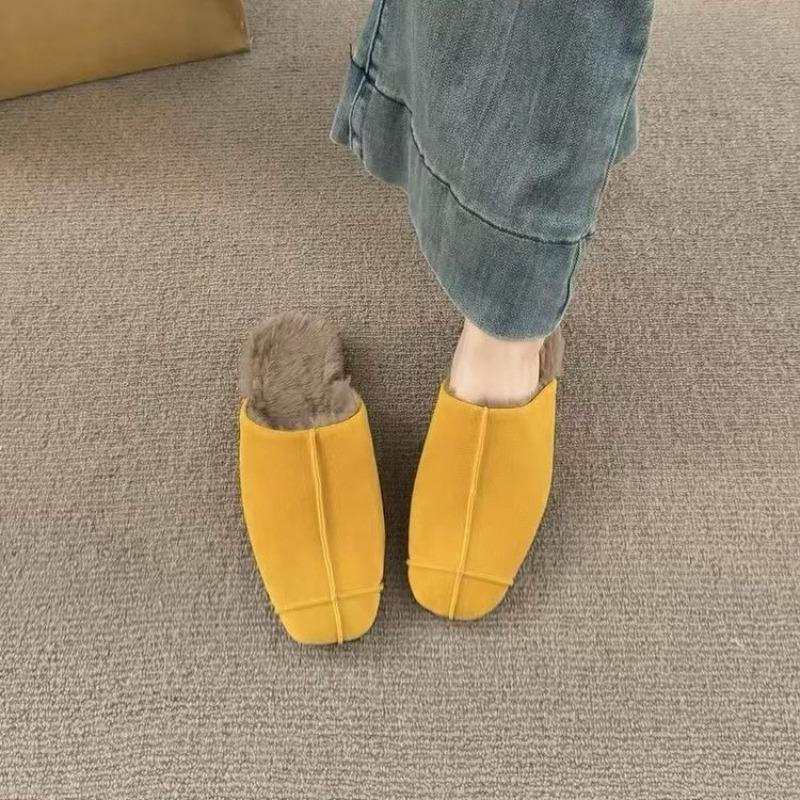 Women's Baotou Slippers Winter New Square Head Deep Mouth Splicing Suede Soft Sole Anti-slip Low Heel Shoes