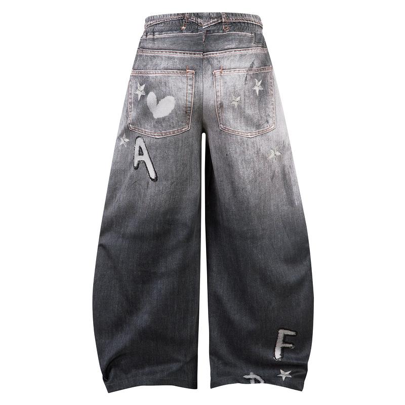 Vibe de rua design de nicho senso de estilo gato malhado pintado à mão jeans homens e mulheres mesmo estilo marca da moda casual solto reto calças