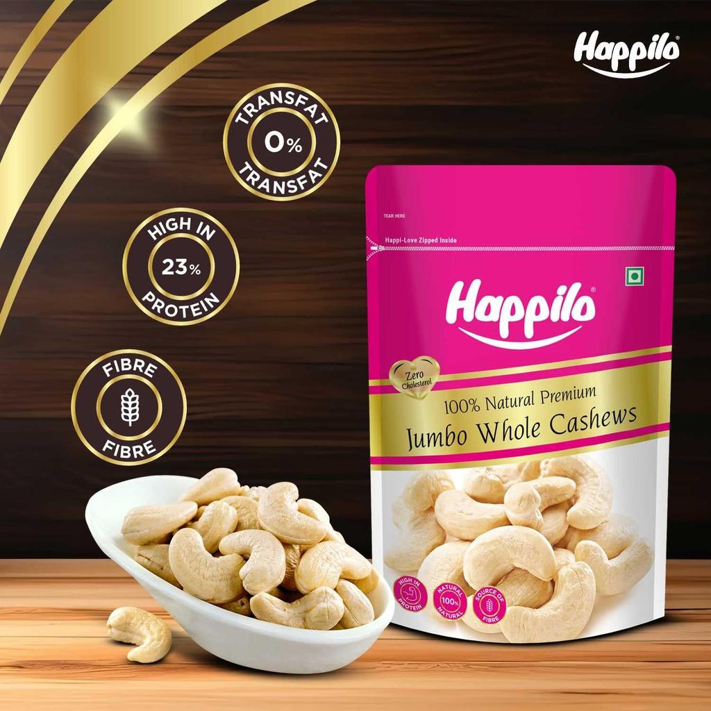 Jumbo Cashews (200 G), 100% Natural Premium Jumbo Whole Cashews, Happilo