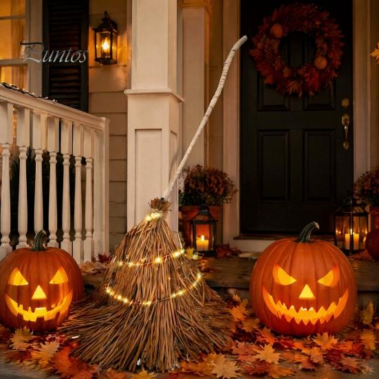 Rustic Farmhouse Fall Decorations 5.5 Ft Giant Light-up Witch Broom, Vintage Twig Broom with String Light, Charming Themed Party Supplies Decoration
