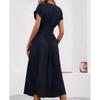 Women's Loose Casual Solid Color V-Neck Waist Pleated Long Dress Waist Pleated Long Dress