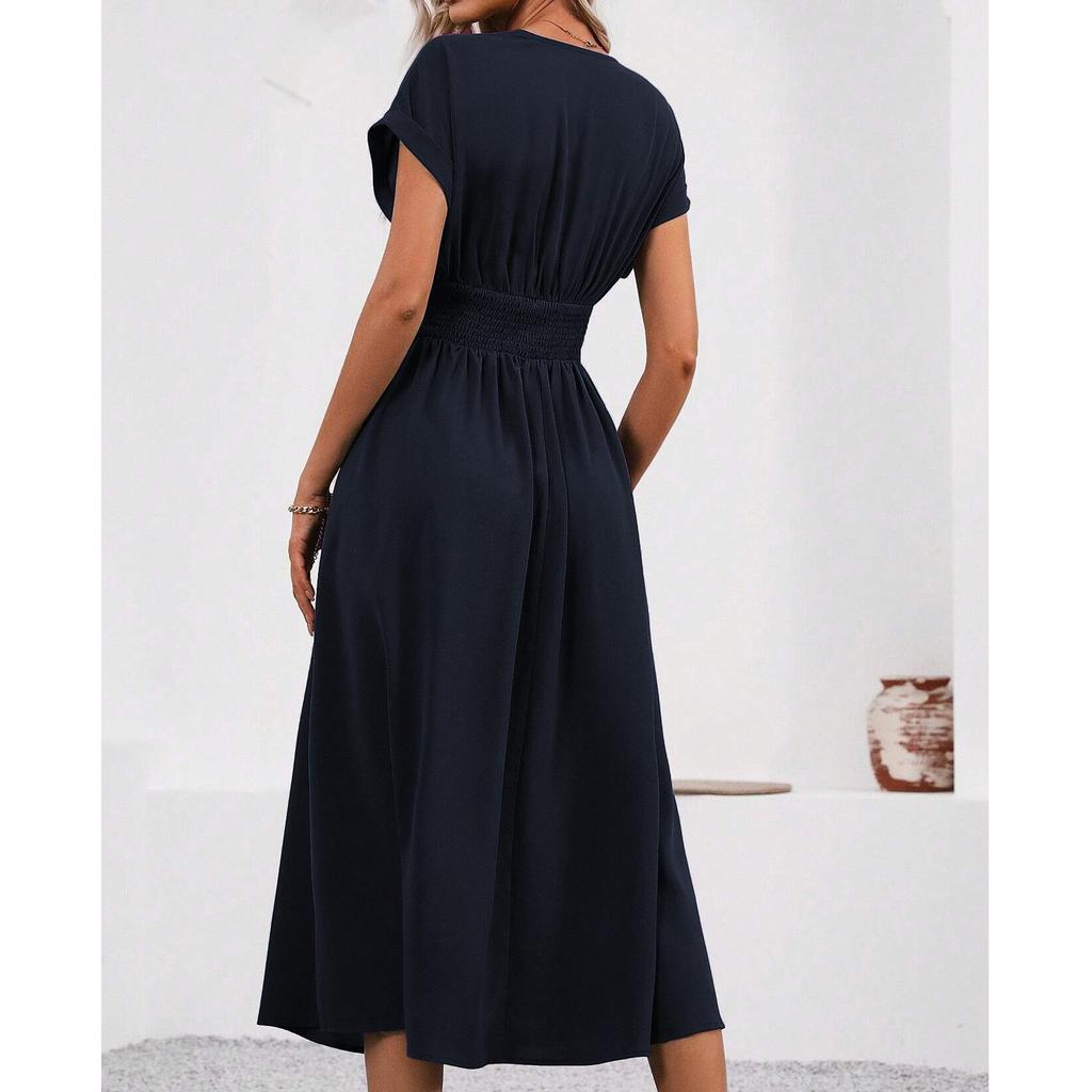 Women's Loose Casual Solid Color V-Neck Waist Pleated Long Dress Waist Pleated Long Dress