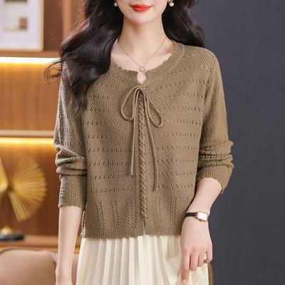 Round Neck Lace Up Hollowed Out Long Sleeved T-shirt Women's Short Base Sweater Knitted Sweater, Loose Mom Outfit