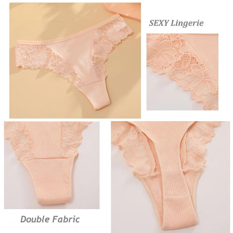 Women Cotton Panty Sexy Lace Thong Low Rise Transparent Underwear G-String Ribbed Intimates Breathable Lingerie