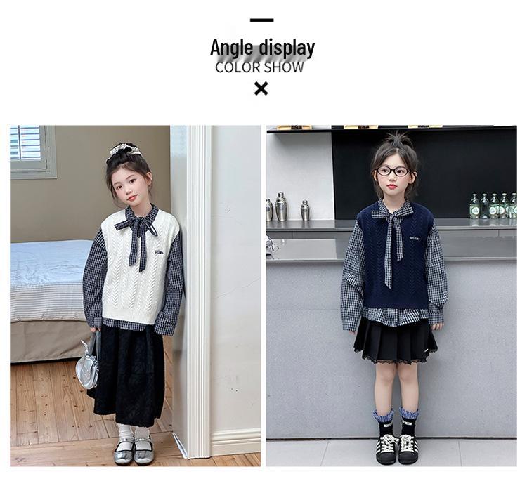 Girls' 2025 Spring & Autumn Fashion Set: Knitted Vest and Shirt Two-Piece Set for Kids