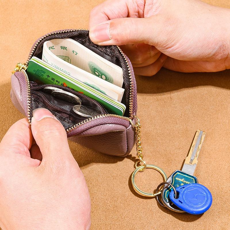 Leather hand zipper small wallet women's first layer cowhide mini bag key storage coin bag cute change bag