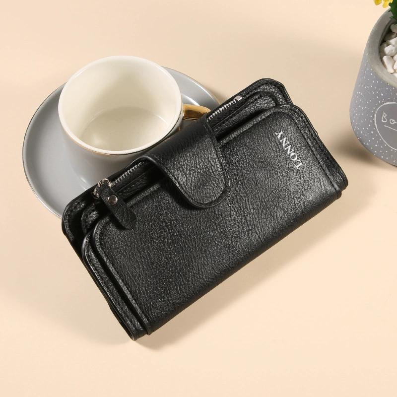 Women Long Wallet Money Clip PU Leather 3 Fold Women's Wallets Clutch Color Blocking Retro Coin Purse Card Holder