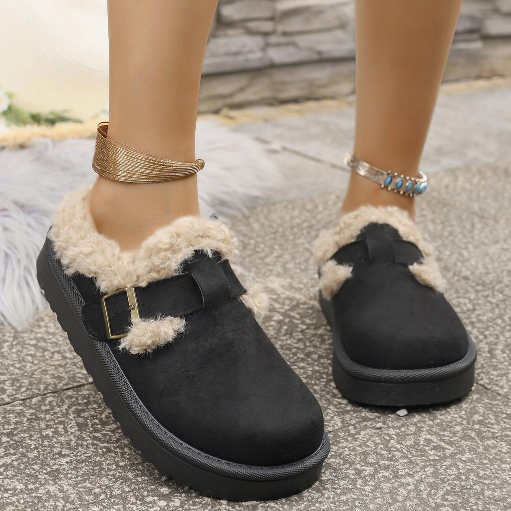 2025 Fashion Autumn Winter Plush Buckle Warm Cotton Slippers Casual Large New Hair Half Slipper Cotton Shoes Women Snow Boots
