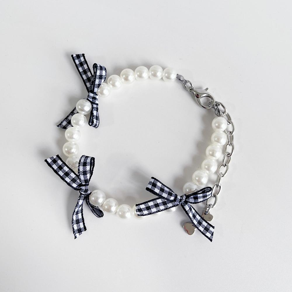 

Cute Bow Cat Dog Collar Simulated Pearl Necklace Pendants Pet Collar Neck Chain for Small Dog S neck 23-28cm чёрный