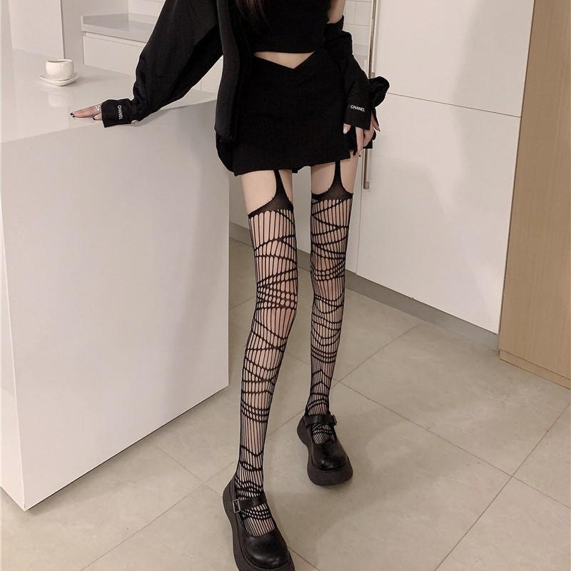 Sexy Dark Punk Fishnet Garters: Japanese Y2K Style Black Silk Stockings