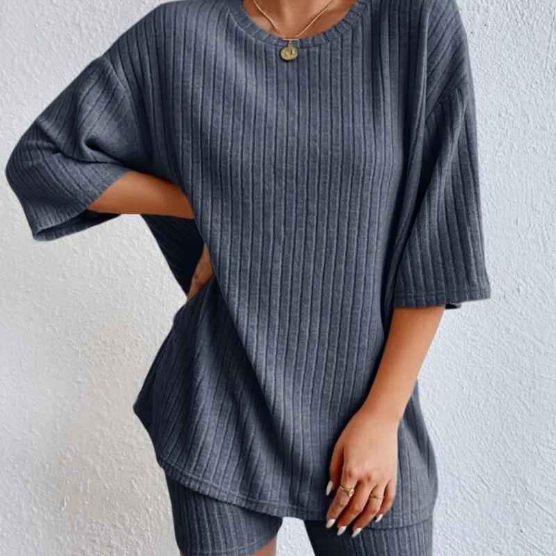 

Новый модный повседневный однотонный весенний комплект из свободных женских шорт с круглым вырезом M морской синий