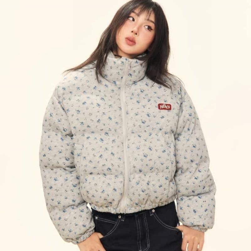 New Retro Small Floral Full Print Stand-up Collar Short Cotton Clothes Women's Winter Thickened Bread Clothes Jacket