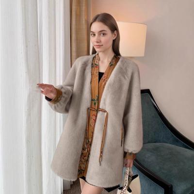 Women's V-Neck Mid-Length Faux Fur Coat Chinese Knot Button Loose Fit Warm Winter Outerwear