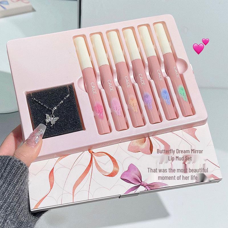 Butterfly Dream Lip Mud: Matte Nude Lip Glaze & Cute Necklace Set