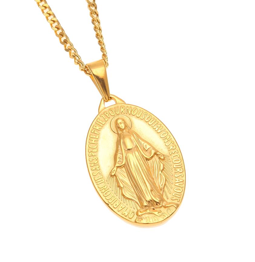 

Stainless Steel Necklace Punk Women Men Fashion Gold Color Chains Virgin Mary Pendant Cross Medallion Religious Jewelry золотий