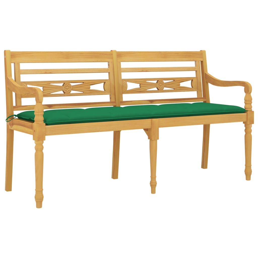 Vidaxl Ławka Batavia Z Zielona Poduszką, 150 Cm, Lite Drewno Tekowe