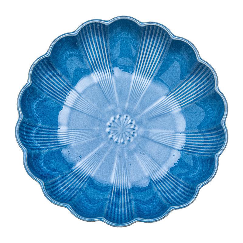 Light Luxury Blue Ceramic Large Bowl Exquisite Petal-Shaped Soup Bowl Household Restaurant Practical Tableware Vegetable Bowl Fruit Bowl