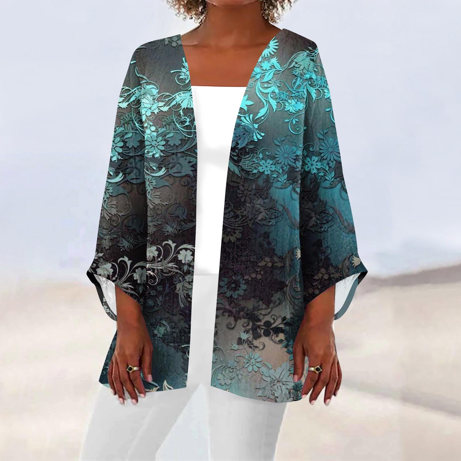 

Женская повседневная модная легкая куртка средней длины с принтом в стиле ретро, ​​кардиган M циан