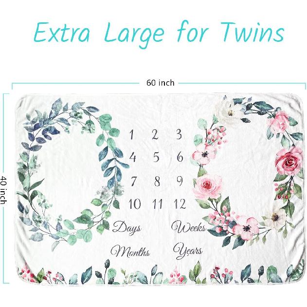 Twins Baby Milestone Blanket for Boys & Girls, Premium Flannel Photography Background Prop Blankets, Neutral Boho Floral…