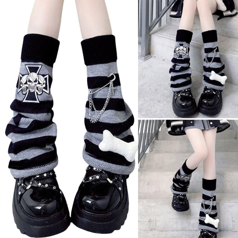 Calentadores de Piernas de Punto Rayados Góticos Punk Calaveras Cruces Adornos Cubre Pies Piernas Calcetines Largos Holgados Acampanados para Mujeres Niñas