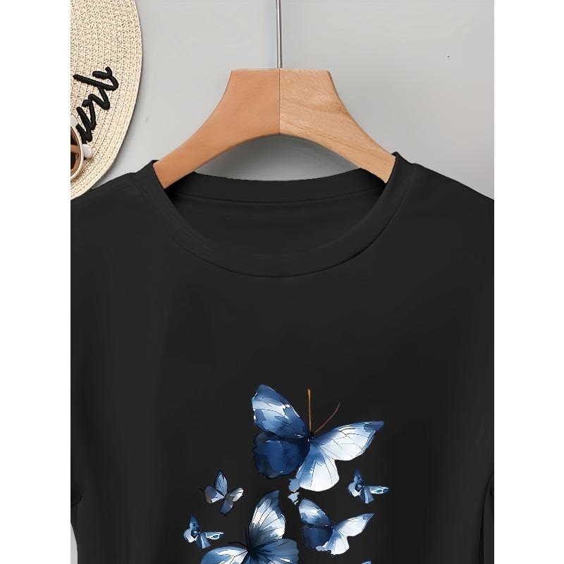 European Size Elegant Butterfly Print Women's Short-Sleeve T-Shirt, Holiday Wear, Vacation Outfit, Graduation Attire, Autumn/Winter New