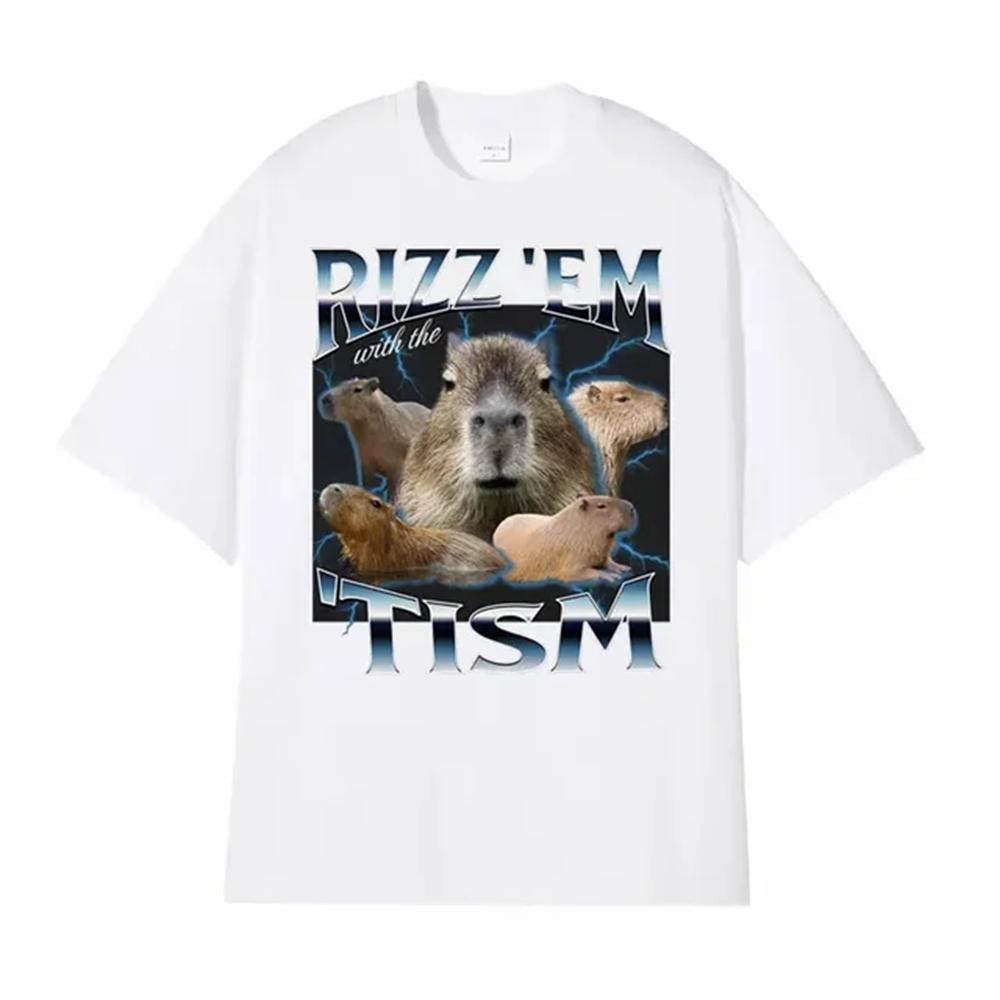 Rizz Em with The Tism Retro T Shirt Funny Cute Kawaii Capybara Meme T-shirt Men's Women Casual Fashion Humor Short Sleeve 82904
