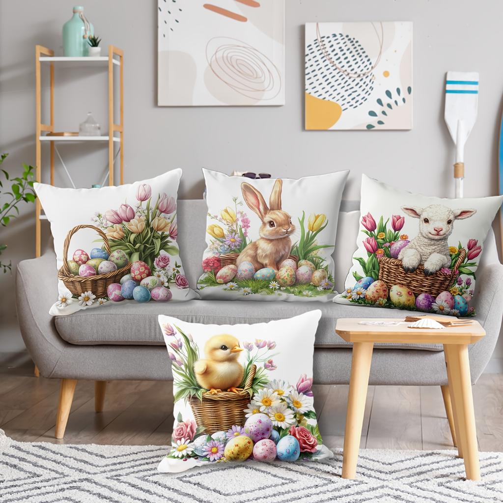 4pcs Easter Flower Pillow Cover Set, Holiday Decoration Sofa Cushion Cover, Sofa Home Decoration, Room Decoration, Office Decoration