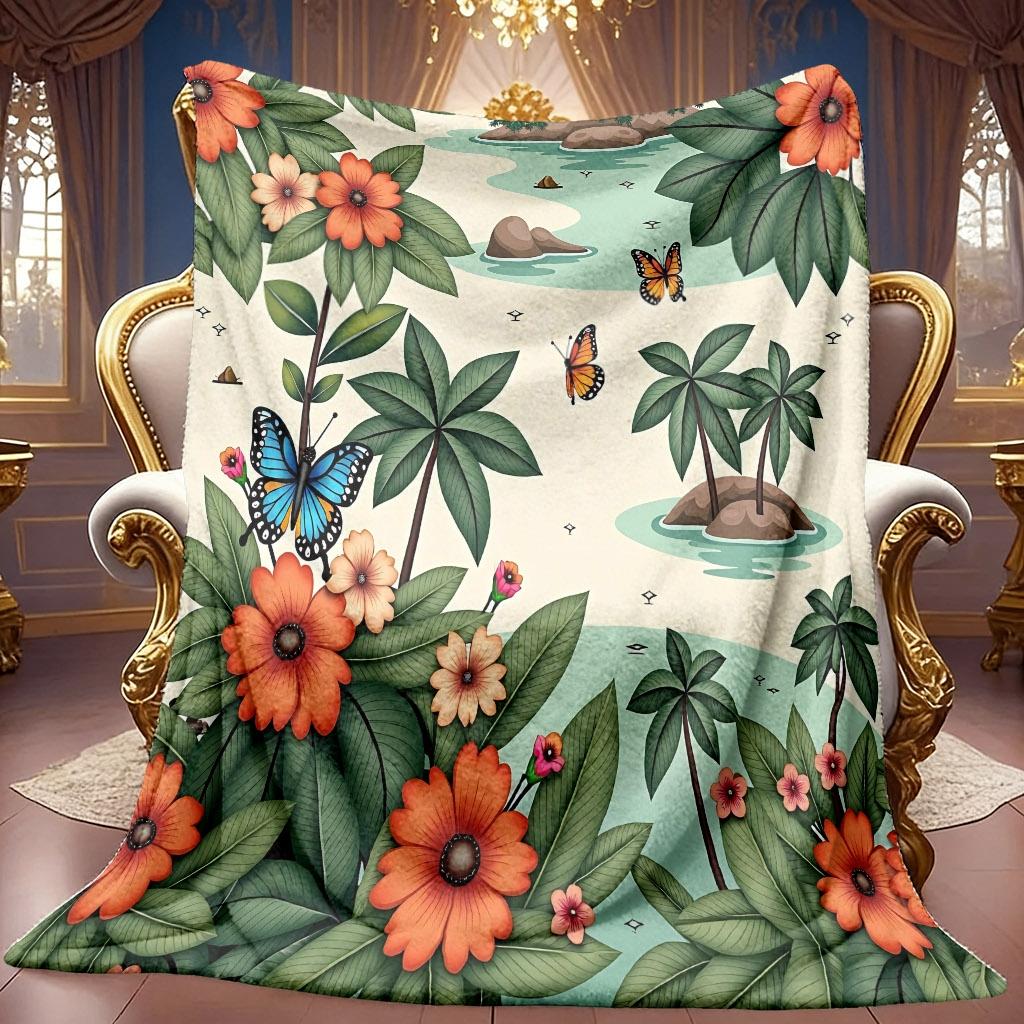 1pc 2D Tropical Floral Butterfly Beach Scenery Theme Pattern Flannel Blanket, Soft HD Digital Print, Cooling Blanket Suitable for All Seasons! Soft An