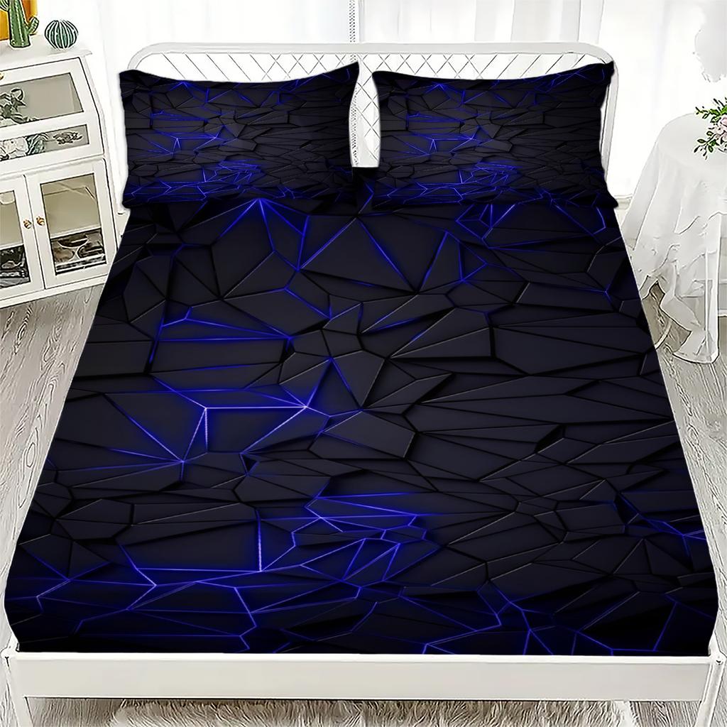 3pcs Fitted Sheet Set Visual Geometry Dizziness Print 100% Polyester Breathable Bedding Set for Home Decor with 2 Pillowcases