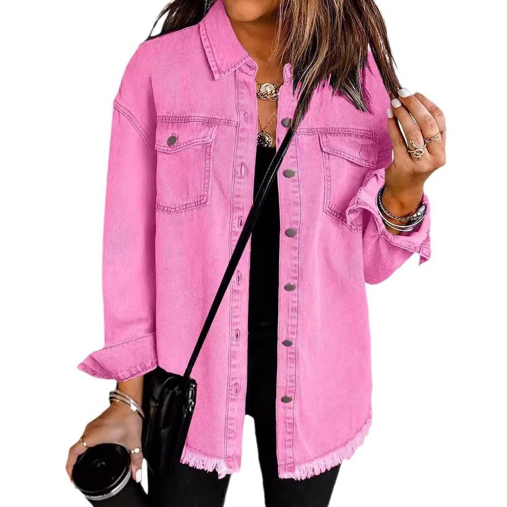 Women's Frayed Hem Denim Shirt Jacket - European & American Street Style for Autumn/Winter.