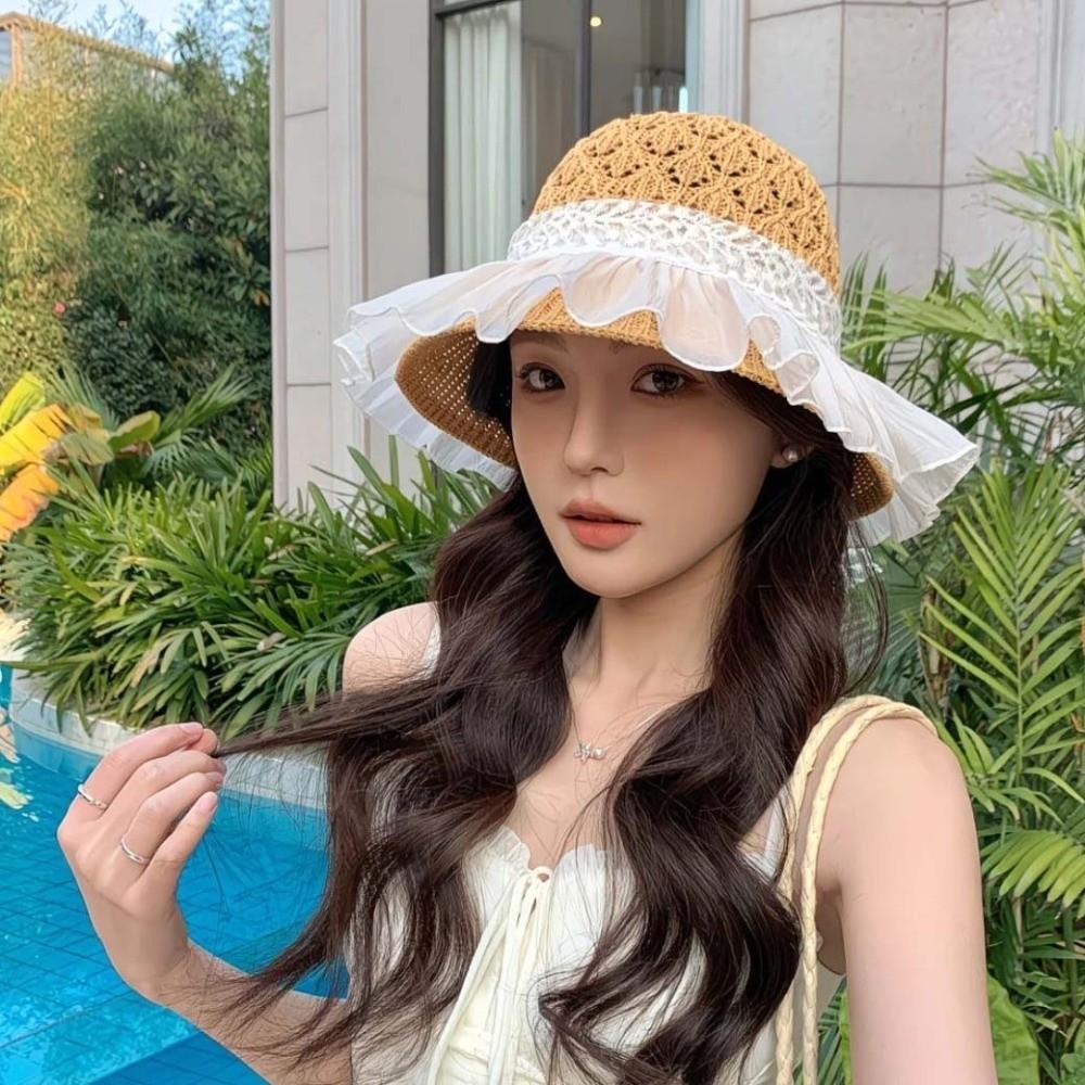 Breathable Vacation Beach Cap Lightweight Woven Sun Cap Wide Brimmed Straw Hat  Spring / Summer