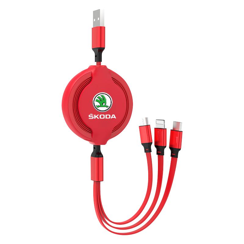 1Pcs Car Mounted Telescopic Three In One Mobile Phone Charger For Skoda Octavia Superb Rapid Kodiaq Karoq Fabia Kamiq Roomster Citigo