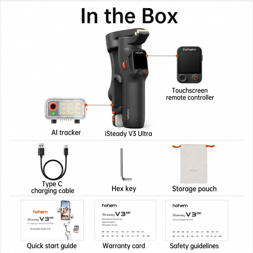 hohem iSteady V3 Ultra AI Auto Tracking Smartphone Gimbal Stabilizer 3-Axis with 1.22 inch Smart Touch Color Screen Composite Fill Light Wireless