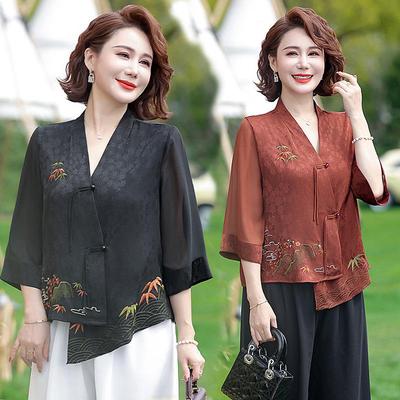 2025 Nieuw Zomers Chiffon Blousepak: Elegant Geborduurd Topje voor Vrouwen van Middelbare Leeftijd