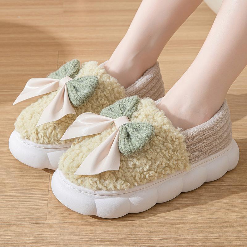 Fashion Fur Slippers For Women Winter Bow Furry Fashion Warm Ankles Plush Cozy Slides For Home Indoor Soft Sole Cotton Shoes