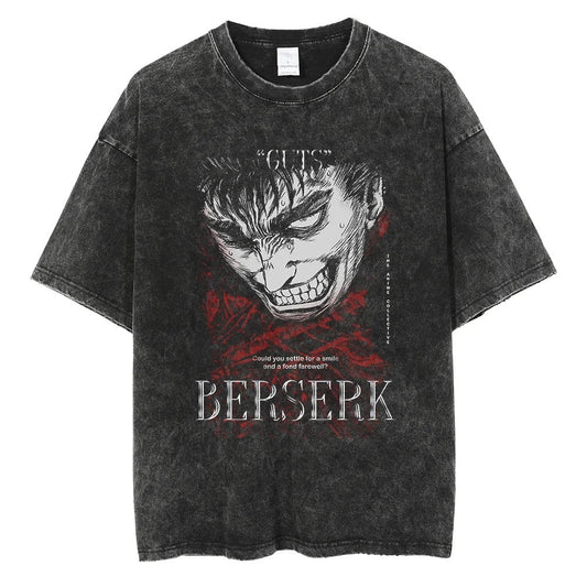 Japanischer Anime Berserk Retro Gewaschenes T-Shirt Herren und Damen Neu Sommer Harajuku Kleidung Lässig Rundhals Kurzärmeliges Oberteil