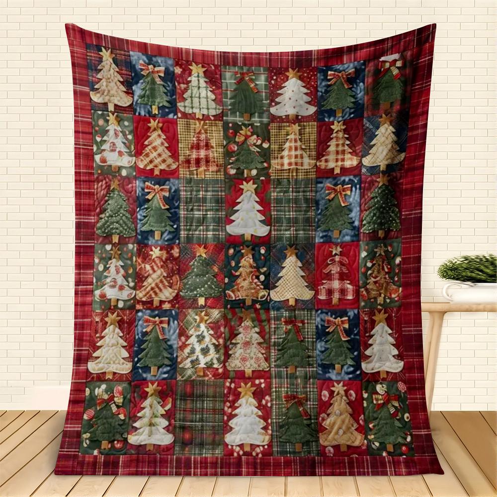 Weihnachts-Patchwork-Baum-Fleece-Decke, Festliche Karomuster- & Steppdecke, Weich Kuschelig für Feiertags-Heimdeko & Geschenk