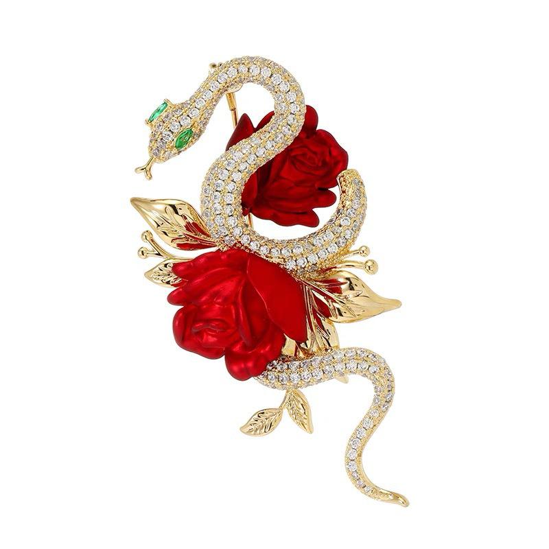 Bo Xin Yun Zodiac Snake Brooch: Exquisite Red Flower Design, Trendy Luxury Accessory