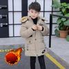 Boys' Winter Cotton-padded Jacket, Thickened Mid-length Boys' Padded Jacket, Plus Velvet, Medium and Large Children's Cotton-padded Jacket