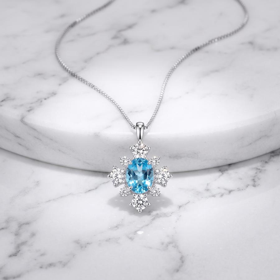 Natural Blue Topaz Snowflake Necklace, S925 Sterling Silver Winter Wonderland Pendant, November Birthstone Fine Jewelry Gift for Women