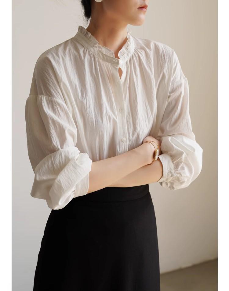 

Белая рубашка с французскими плиссированными оборками и воротником-стойкой для женщин, ранняя осень L белый