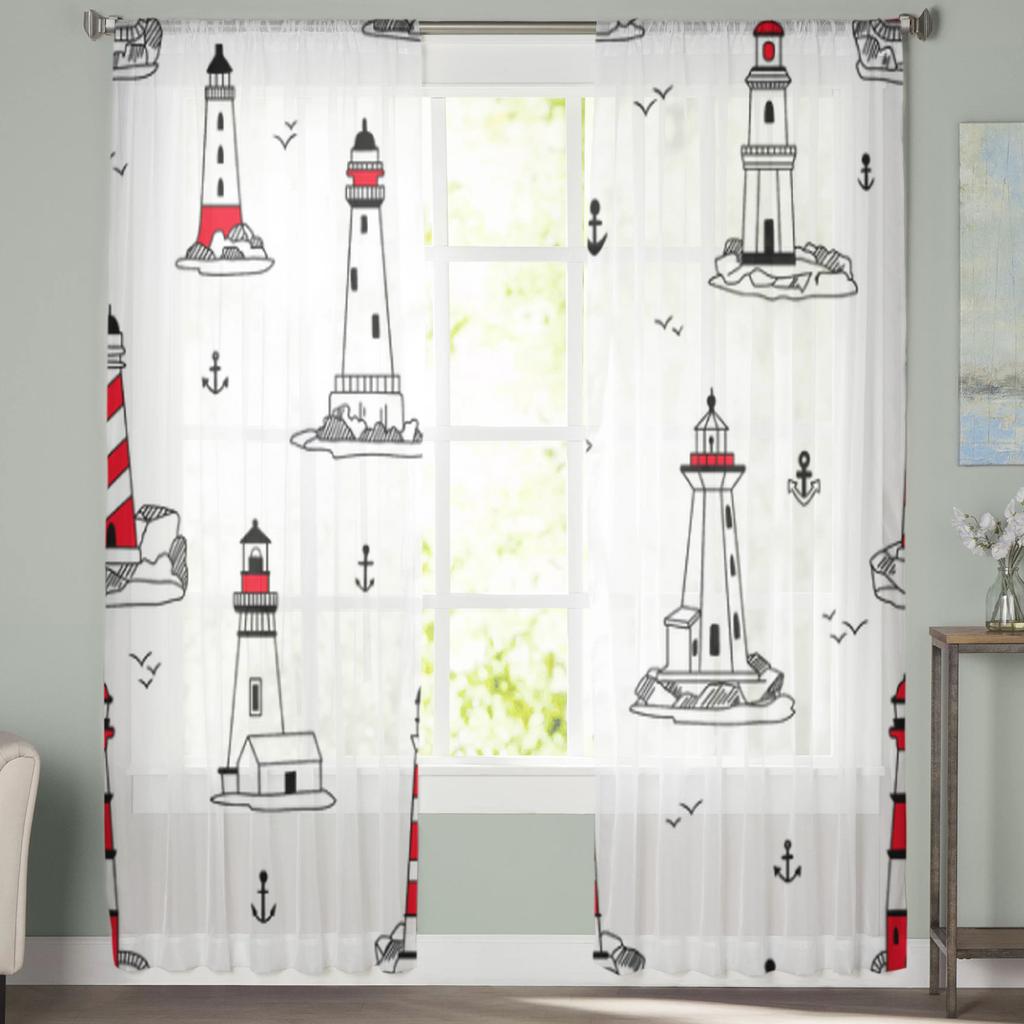 Lighthouses Pattern Tulle Curtains For Living Room Bedroom Christmas Chiffon Sheer Voile Kitchen Curtain