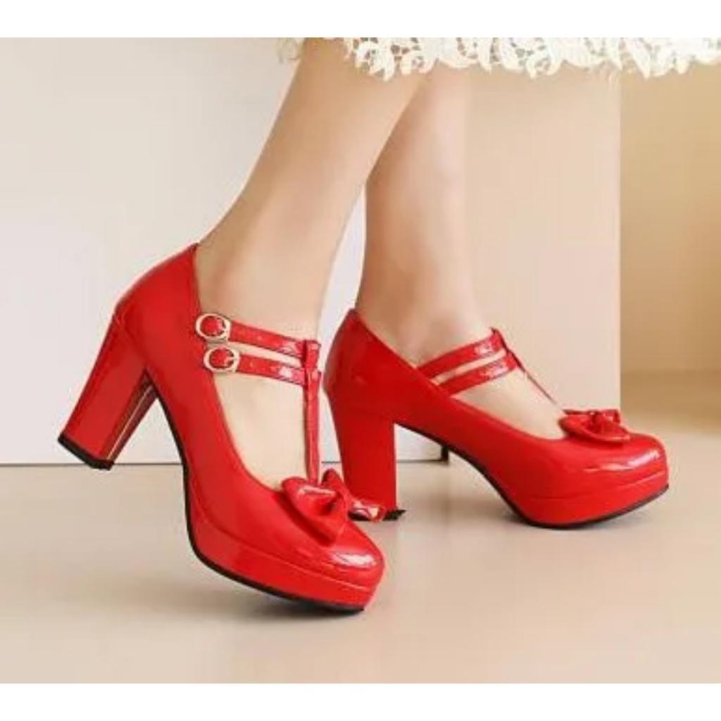 Women Mary Jane Shoes Lolita High Heels Bow T-Strap Platform Pumps Thick Heels Shoes Princess Wedding Party Shoes Plus Size33-46