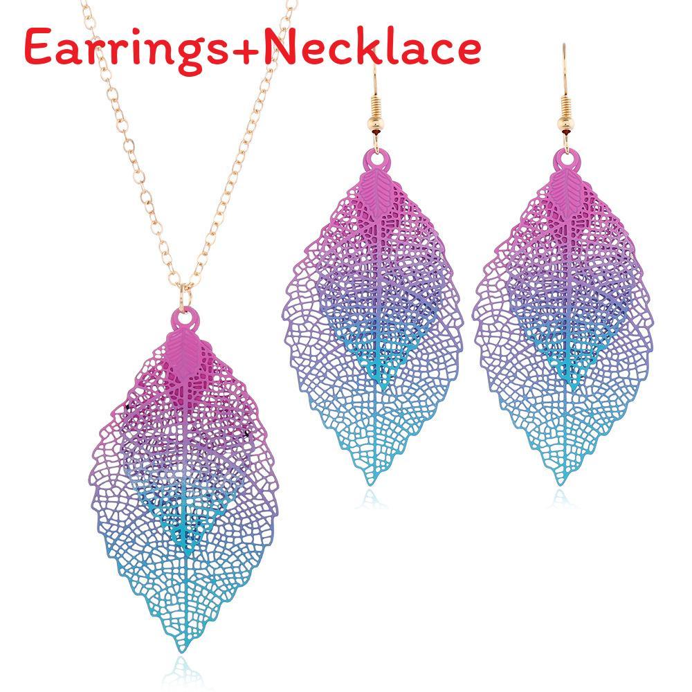 Vintage Leaf Jewelry Set With Stainless Steel Metal Pendant And Box Chain For Boho Style Fans